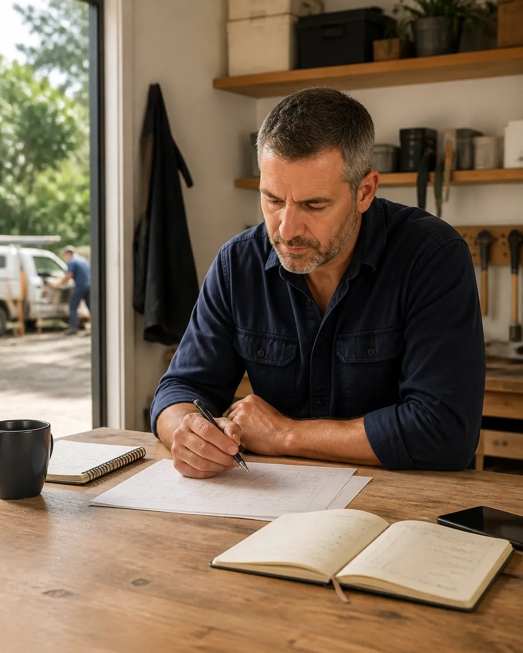 An owner reviewing a plan at a worktable